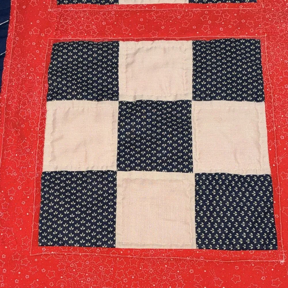 Red Blue White Patchwork Quilt Cottage Style 37 x 48 Rectangular